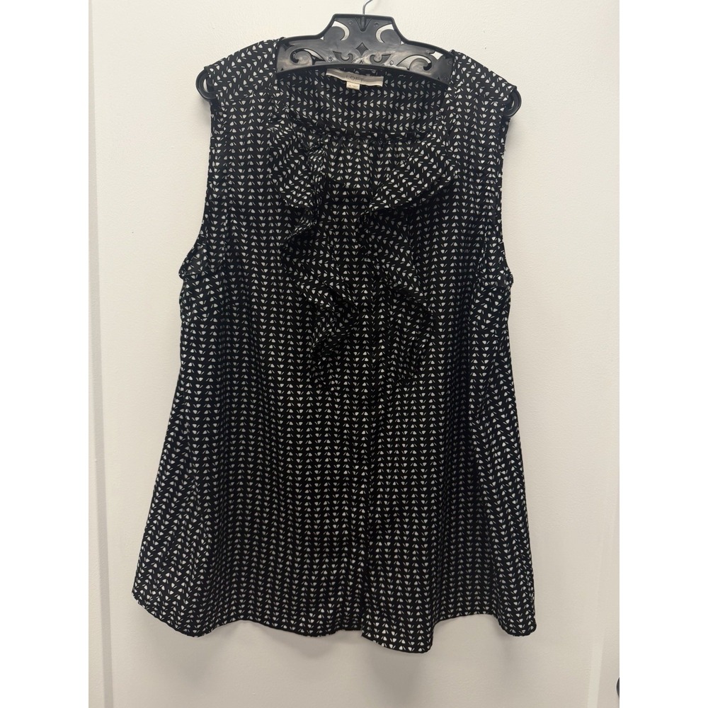 Ann Taylor Loft Fancy sleeveless ruffle Classic Blouse Career Sz XL Black White